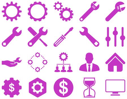 Settings and Tools Icons. Glyph set style is flat images, violet color, isolated on a white background.