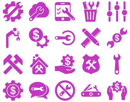 Settings and Tools Icons. Glyph set style is flat images, violet color, isolated on a white background.