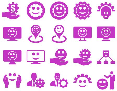 Tools, gears, smiles, map markers icons. Glyph set style is flat images, violet symbols, isolated on a white background.