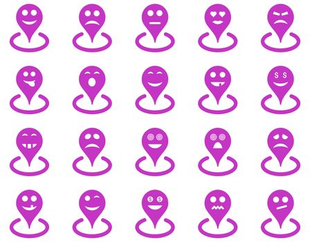 Smiled location icons. Glyph set style is flat images, violet symbols, isolated on a white background.