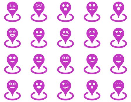 Smiled location icons. Glyph set style is flat images, violet symbols, isolated on a white background.