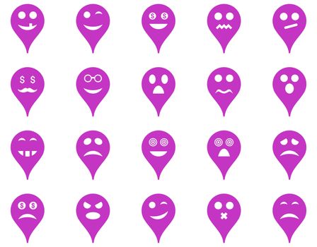 Emotion map marker icons. Glyph set style is flat images, violet symbols, isolated on a white background.