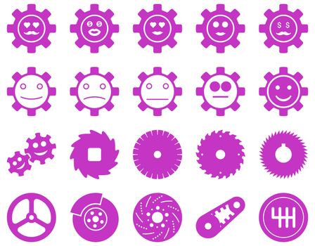 Tools and Smile Gears Icons. Glyph set style is flat images, violet color, isolated on a white background.