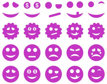 Tools, gears, smiles, emoticons icons. Glyph set style is flat images, violet symbols, isolated on a white background.