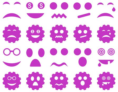 Tool, gear, smile, emotion icons. Glyph set style is flat images, violet symbols, isolated on a white background.
