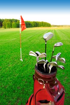 Golf game. Golf clubs in bag against the golf course.