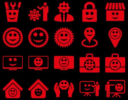 Tools, gears, smiles, management icons. Glyph set style is flat images, red symbols, isolated on a black background.