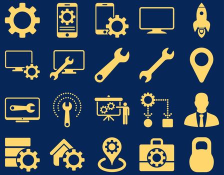 Settings and Tools Icons. Glyph set style is flat images, yellow color, isolated on a blue background.