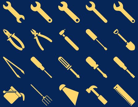 Equipment and Tools Icons. Glyph set style is flat images, yellow color, isolated on a blue background.