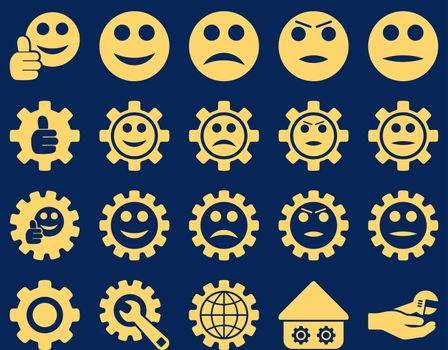 Settings and Smile Gears Icons. Glyph set style is flat images, yellow color, isolated on a blue background.