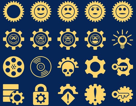 Tools and Smile Gears Icons. Glyph set style is flat images, yellow color, isolated on a blue background.