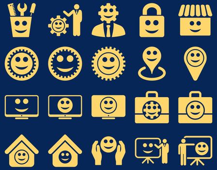 Tools, gears, smiles, management icons. Glyph set style is flat images, yellow symbols, isolated on a blue background.