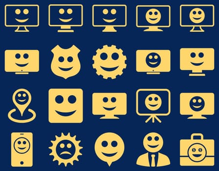 Tools, gears, smiles, dilspays icons. Glyph set style is flat images, yellow symbols, isolated on a blue background.