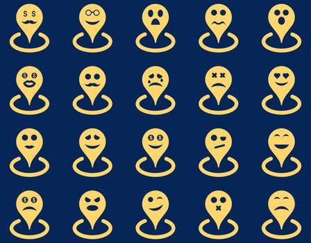 Smiled location icons. Glyph set style is flat images, yellow symbols, isolated on a blue background.