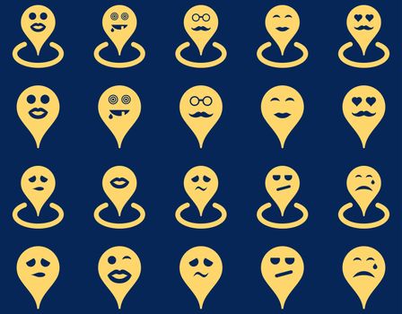 Smiled location icons. Glyph set style is flat images, yellow symbols, isolated on a blue background.