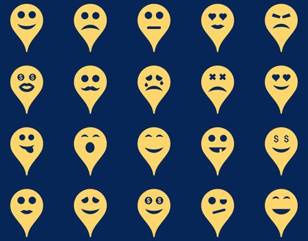Emotion map marker icons. Glyph set style is flat images, yellow symbols, isolated on a blue background.