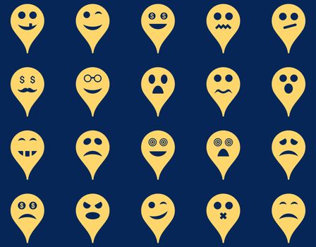 Emotion map marker icons. Glyph set style is flat images, yellow symbols, isolated on a blue background.