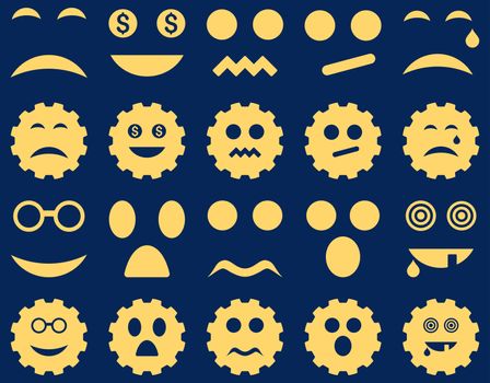 Tool, gear, smile, emotion icons. Glyph set style is flat images, yellow symbols, isolated on a blue background.
