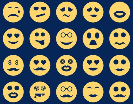 Smile and emotion icons. Glyph set style is flat images, yellow symbols, isolated on a blue background.