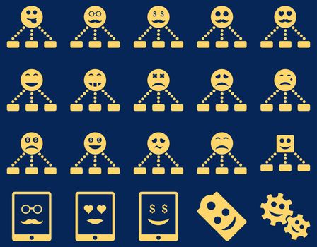 Smile, emotion, relations and tablet icons. Glyph set style is flat images, yellow symbols, isolated on a blue background.