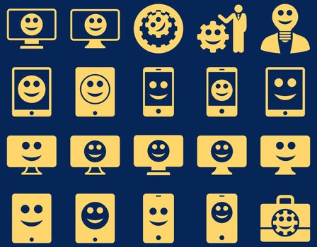 Tools, options, smiles, displays, devices icons. Glyph set style is flat images, yellow symbols, isolated on a blue background.