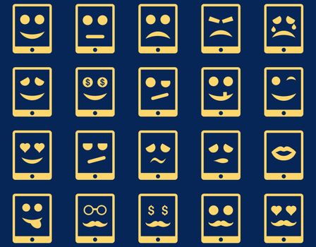 Emotion mobile tablet icons. Glyph set style is flat images, yellow symbols, isolated on a blue background.
