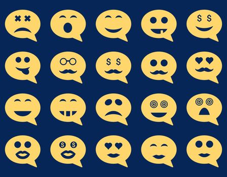 Chat emotion smile icons. Glyph set style is flat images, yellow symbols, isolated on a blue background.