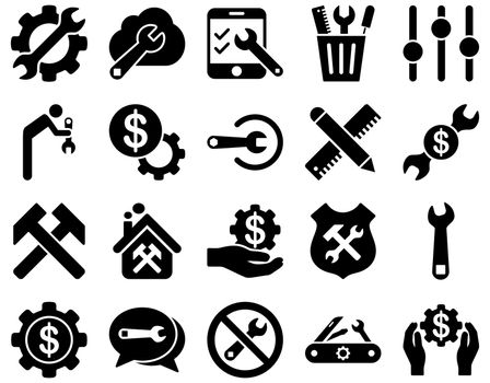 Settings and Tools Icons. Glyph set style is flat images, black color, isolated on a white background.