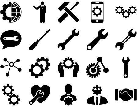 Settings and Tools Icons. Glyph set style is flat images, black color, isolated on a white background.