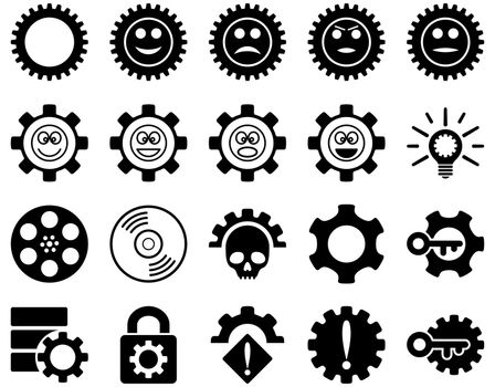 Tools and Smile Gears Icons. Glyph set style is flat images, black color, isolated on a white background.