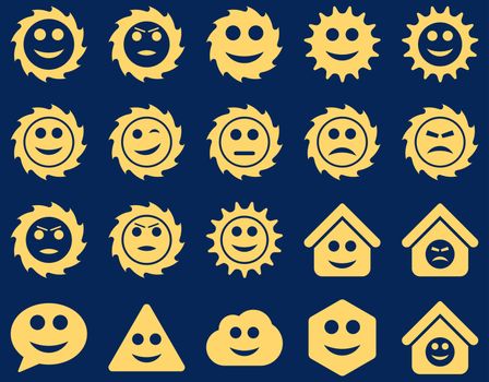 Tools, gears, smiles, emotions icons. Glyph set style is flat images, yellow symbols, isolated on a blue background.