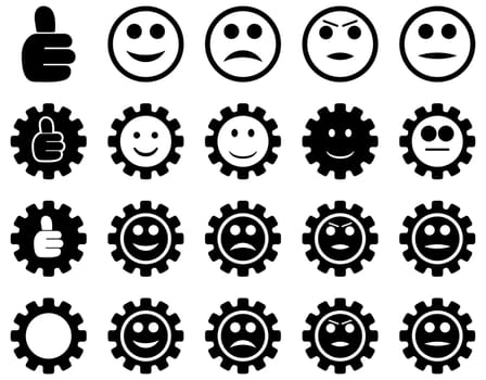 Settings and Smile Gears Icons. Glyph set style is flat images, black color, isolated on a white background.