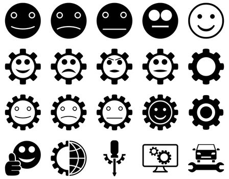 Tools and Smile Gears Icons. Glyph set style is flat images, black color, isolated on a white background.