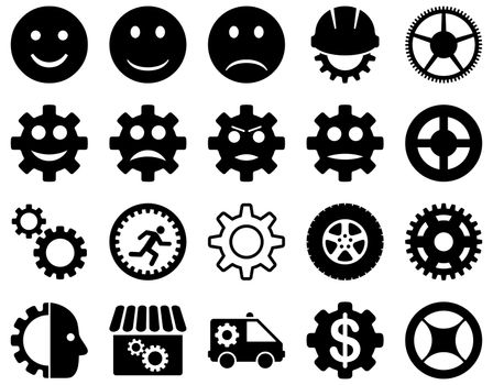Tools and Smile Gears Icons. Glyph set style is flat images, black color, isolated on a white background.