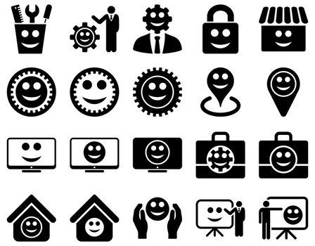 Tools, gears, smiles, management icons. Glyph set style is flat images, black symbols, isolated on a white background.