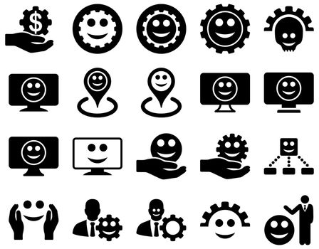 Tools, gears, smiles, map markers icons. Glyph set style is flat images, black symbols, isolated on a white background.