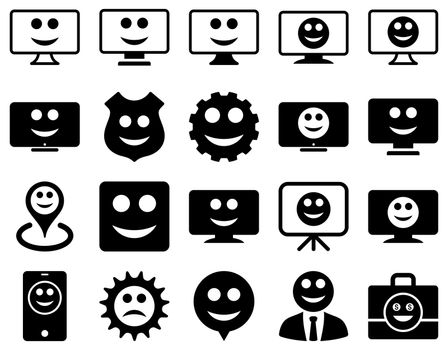 Tools, gears, smiles, dilspays icons. Glyph set style is flat images, black symbols, isolated on a white background.