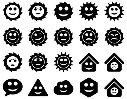 Tools, gears, smiles, emotions icons. Glyph set style is flat images, black symbols, isolated on a white background.