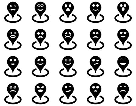 Smiled location icons. Glyph set style is flat images, black symbols, isolated on a white background.