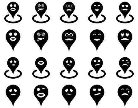 Smiled location icons. Glyph set style is flat images, black symbols, isolated on a white background.