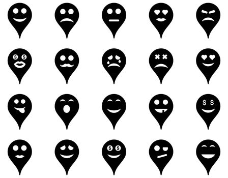 Emotion map marker icons. Glyph set style is flat images, black symbols, isolated on a white background.