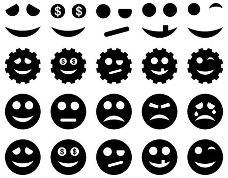 Tools, gears, smiles, emoticons icons. Glyph set style is flat images, black symbols, isolated on a white background.