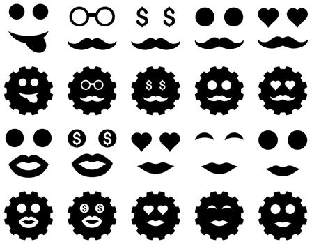 Tool, gear, smile, emotion icons. Glyph set style is flat images, black symbols, isolated on a white background.