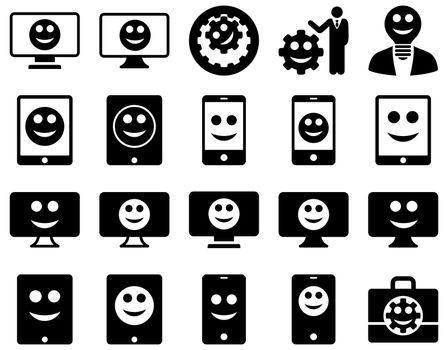 Tools, options, smiles, displays, devices icons. Glyph set style is flat images, black symbols, isolated on a white background.