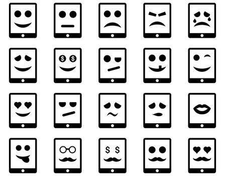 Emotion mobile tablet icons. Glyph set style is flat images, black symbols, isolated on a white background.