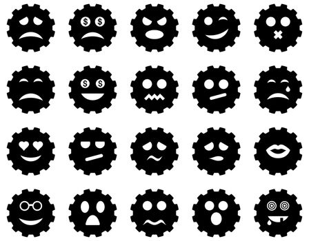 Gear emotion icons. Glyph set style is flat images, black symbols, isolated on a white background.