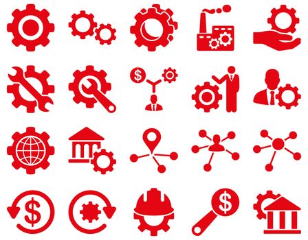 Settings and Tools Icons. Glyph set style is flat images, red color, isolated on a white background.