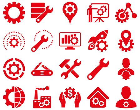 Settings and Tools Icons. Glyph set style is flat images, red color, isolated on a white background.