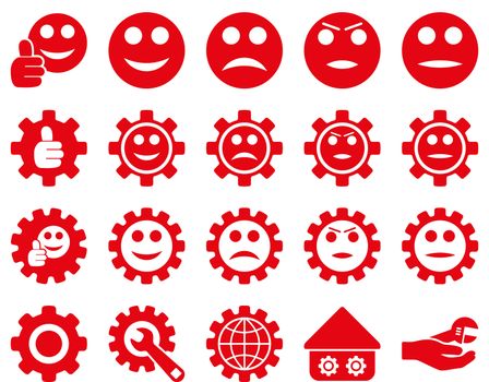 Settings and Smile Gears Icons. Glyph set style is flat images, red color, isolated on a white background.