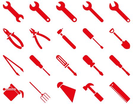 Equipment and Tools Icons. Glyph set style is flat images, red color, isolated on a white background.